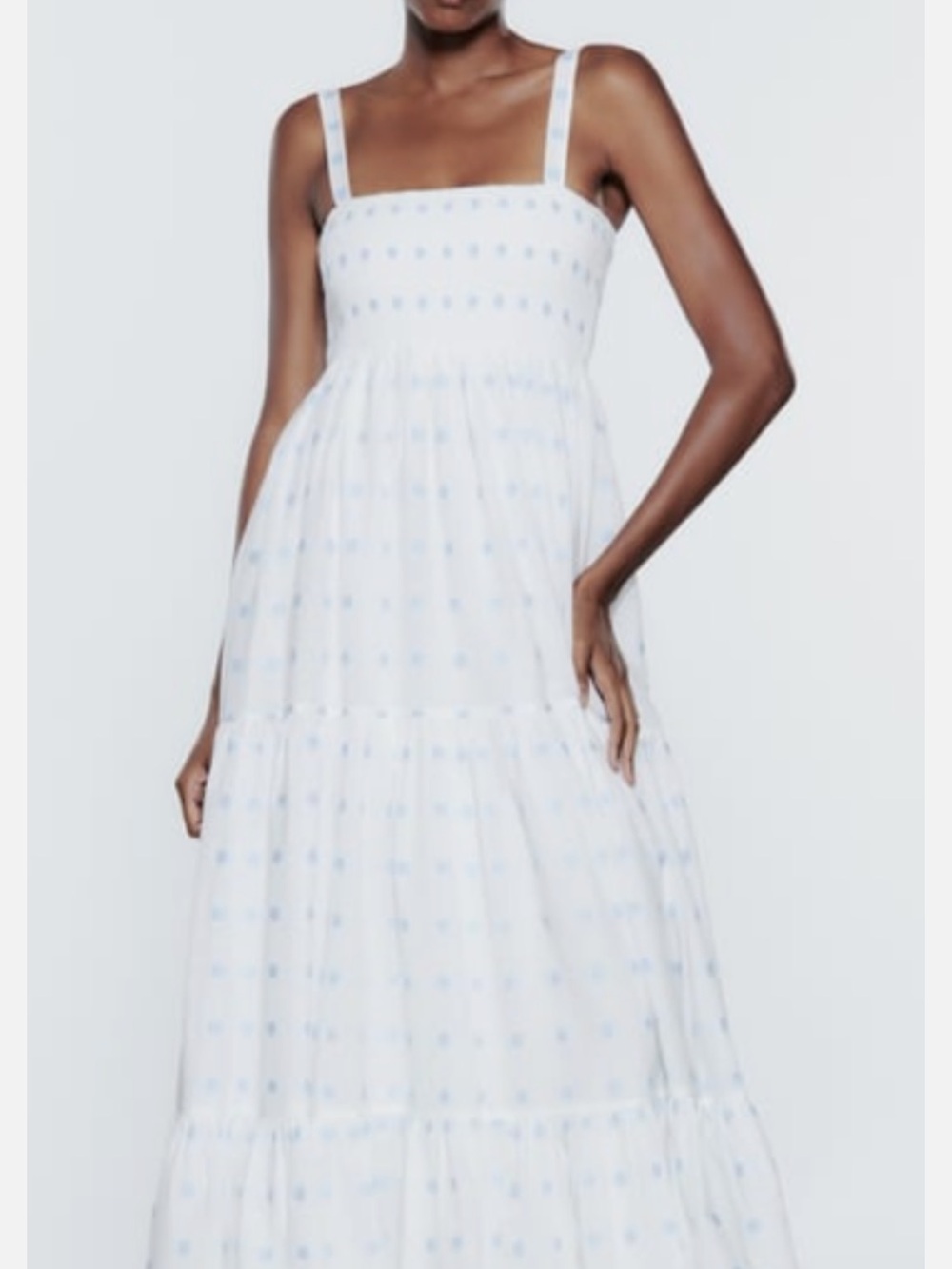 Zara White Maxi Dress with Light Blue Dot Print